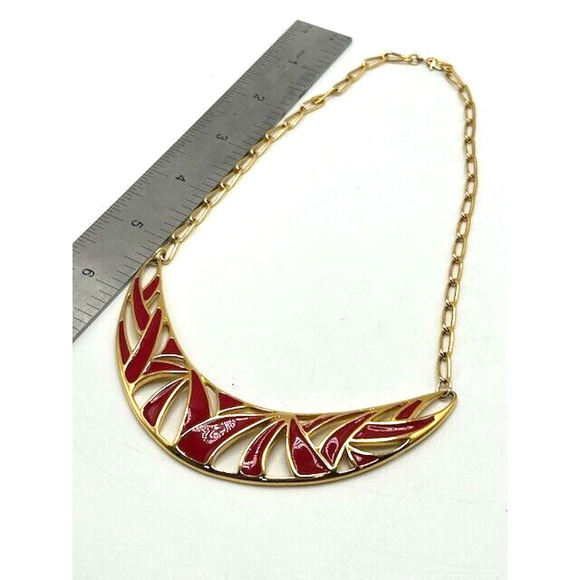 Vintage 1980s-1990s Monet Red Enamel Gold Tone Runway Statement Necklace - Picture 9 of 9